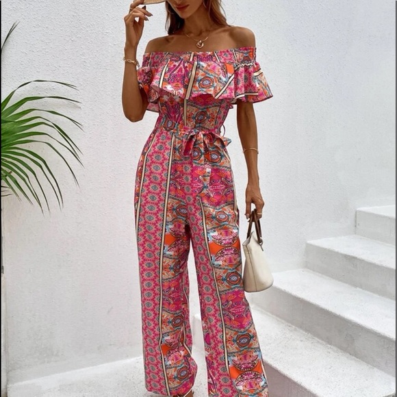 Boho Floral Paisley Print Off Shoulder Belted Wide Leg Jumpsuit - Picture 4 of 5